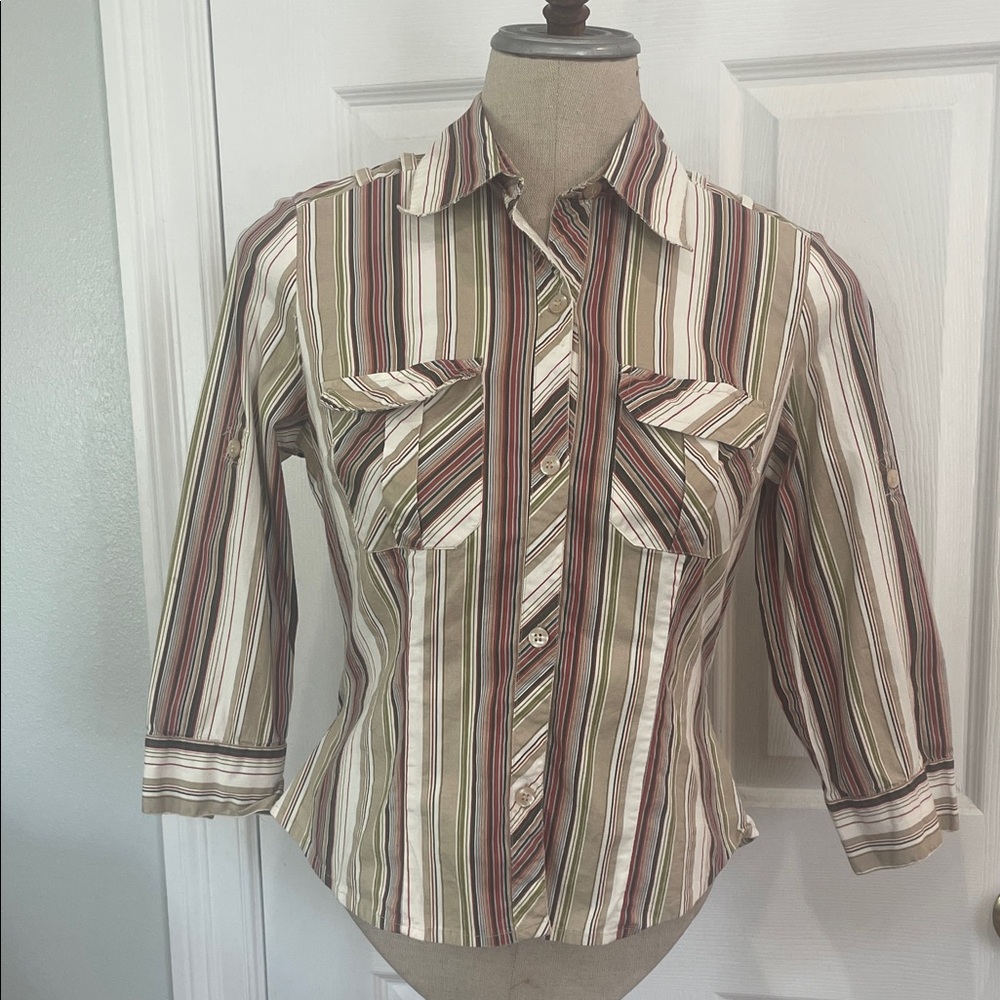 Vintage She’s cool Striped Button down Women's Shirt Green Brown Women’s size L